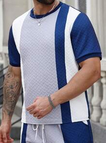 Manfinity Homme 大码男士圆领短袖夏季休闲纹理拼接T恤 - 彩色 - 查看 5