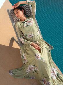 ZEYLAH 女士花卉印花网眼圆领长袖荷叶边优雅针织连衣裙 - 綠色 - 查看 11