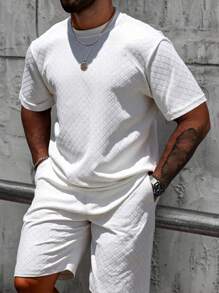 Manfinity CasualCool Conjunto informal de dos piezas de punto de unicolor básico de verano para hombres, con cuello redondo y manga corta, adecuado para uso casual diario, regalo apropiado para esposo y novio, conjunto blanco para hombres