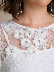 Chikora Plus Size Summer Elegant Solid Color Lace 3D Floral Decor Blouse,Lace Top,White Tops,Office Attire For Women