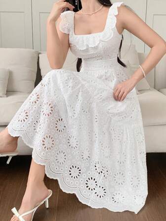 DAZY Vestido blanco con cintura definida con bordado y encaje francés, estilo de hada fluyente para vacaciones