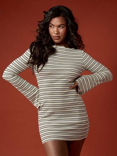 MISSGUIDED Long Sleeve Boat Neck Ribbed Knit Form Fitting Flare Sleeve Mini  DressMISSGUIDED