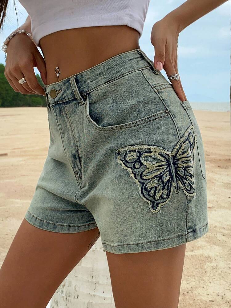 New Summer Women's Denim Shorts With Butterfly Raw Edge Decor Jorts