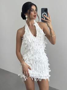 Firerie Women Elegant Elegant Spring/Summer New Arrival Embroidered Minimalis Neck-Hanging Jacquard Knitted Mini Dress Women Vacation Outfits Wedding Guest Dress Women,Dress Graduation White Dress Hawaii Women OutfitsFor Wedding Guest,Bridal Shower Dress White, Brunch Women's Dresses, Boho Style, Fairy Style,Wedding,All White Dress Or Summer/Spring Break/Beach/Vacation/Elegant/Romantic Date/Music Festival,4th Of July,Graduation Dresses,Summer/Spring , Fringe Dress - Pink - View 4
