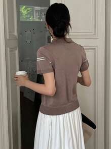 DAZY Áo kiểu nữ mùa hè kẻ sọc phối màu cổ polo, dáng rộng, cổ lửng, chất liệu dệt kim, thích hợp cho giáo viên. - Màu Khaki - Xem 4