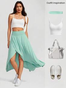 GLOWMODE VitalSwift Mesh Tummy Control Maxi Skirt With Built-In Shorts Asymmetrical Pocket Anti-Slip Dance Daily Casual Quick Dry Moisture Wicking