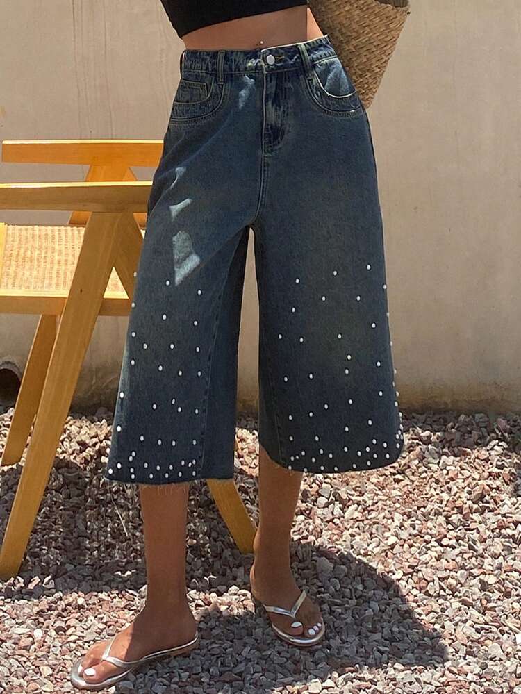 Summer New Loose Casual Beaded Women Denim Shorts Jorts