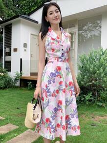 Lyxana Women's Floral Print Waist A-Line Elegant Vintage Casual/Commute Sleeveless Lapel Dress - Multicolor - View 1