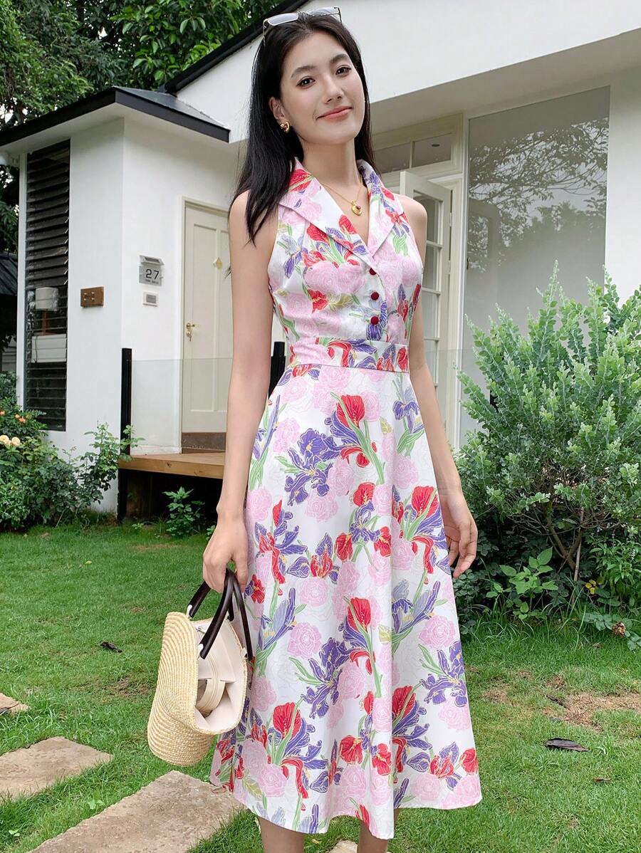 Lyxana Women's Floral Print Waist A-Line Elegant Vintage Casual/Commute Sleeveless Lapel Dress - Multicolor - View 1