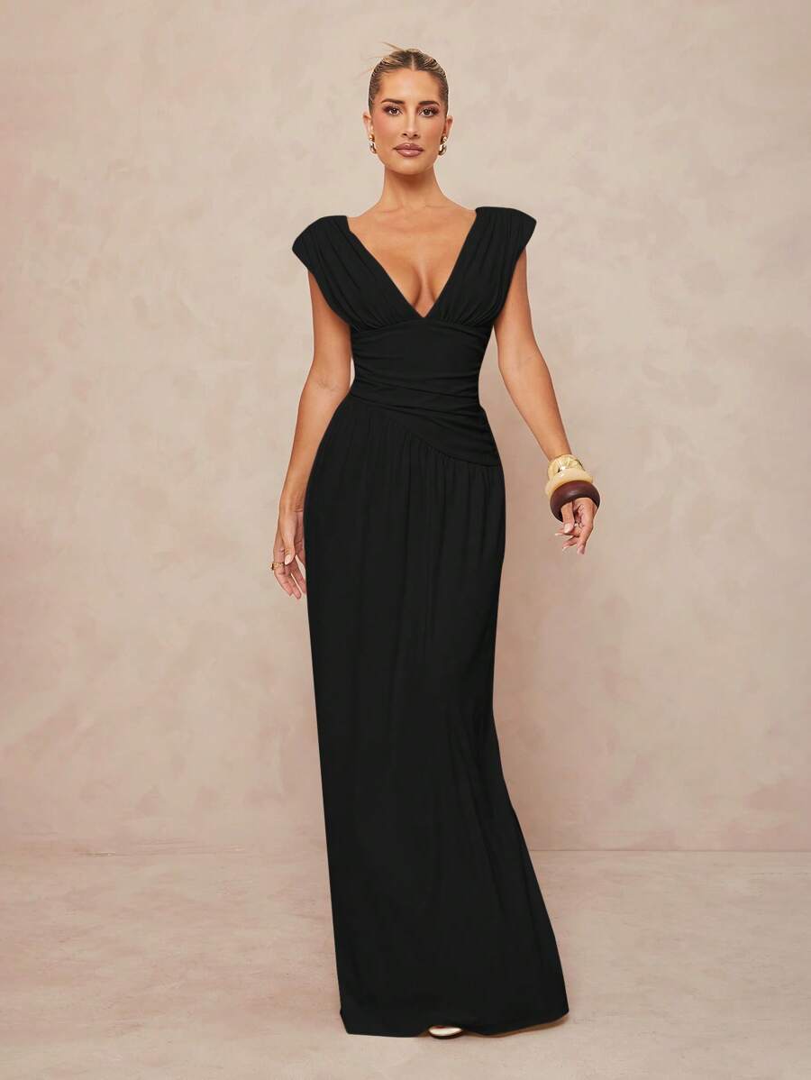 Lumalex Women's Solid Color Deep V-Neck Ruched Dress, Elegant - Black - View 1