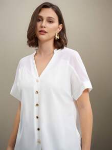 SHEIN Clasi Plus Size Women's Woven Fabric Scoop Neck Short Sleeve Loose Casual Everyday Fashionable Mature Elegant Versatile Blouse, Spring/Summer  Commuting - White - View 5