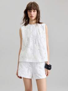 Ontre 2026春夏派对/情人节无袖上衣，女士纹理面料无袖上衣，适合独立日、海滩、度假、毕业典礼、办公室等场合，圆领，无袖，提花面料，夏季休闲优雅上衣，白色女士上衣，米色女士上衣，情人节浪漫约会，适合办公室穿着，简约优雅，通勤，都市时尚，时尚百搭女士上衣 - 白色 - 查看 5