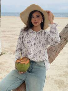 DAZY Camisa de manga larga con cuello redondo y manga acampanada con estampado floral y botánico todo sobre para mujeres, ropa de mujer de otoño estilo bohemio - Morado - Ver 3