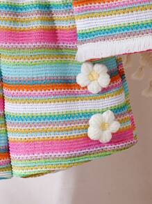 2 件套幼儿女童针织提花吊带上衣和短裤，舒适休闲沙滩装，优雅 3D 花卉图案，夏季