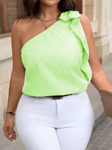 SHEIN Clasi 大码夏季休闲条纹荷叶边衬衫单肩上衣