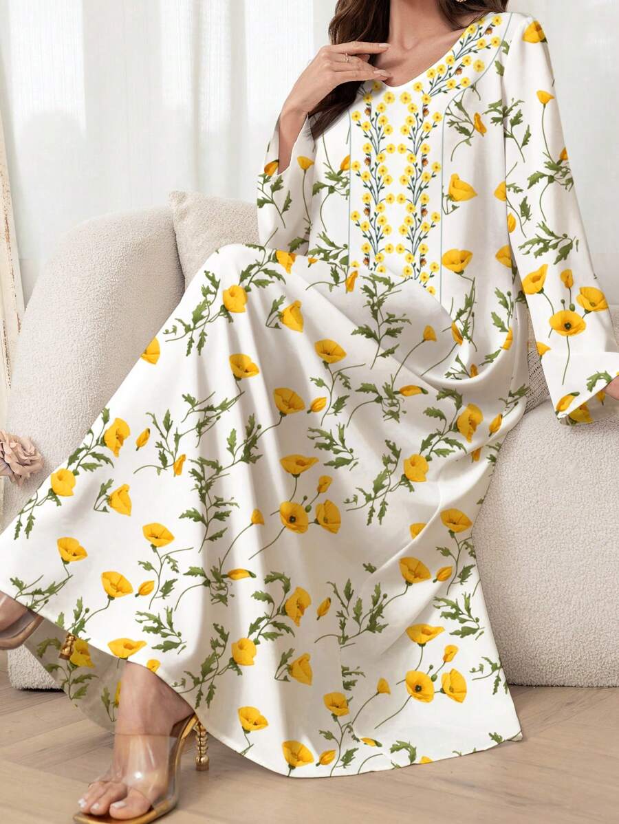 Al Najma 女士春夏浪漫花卉印花保守优雅迷人时尚阿拉伯连衣裙，端庄 - 彩色 - 查看 1