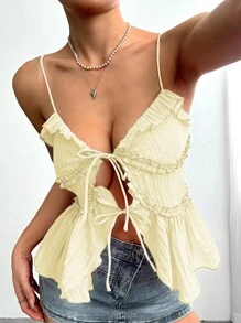 SHEIN Unity Top tipo camiseta con tira delantera y ribete de volantes - Amarillo - Ver 6