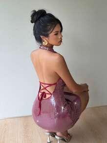 Aloruh Robe mini sexy femme à encolure plongeante sans manches, dos nu, avec découpes laser et détails brillants - Fushia - Voir 1