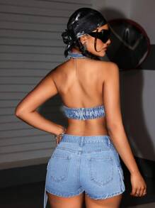 SHEIN ICON 女式纯色结领露背无袖牛仔短款上衣 - 藍色 - 查看 2