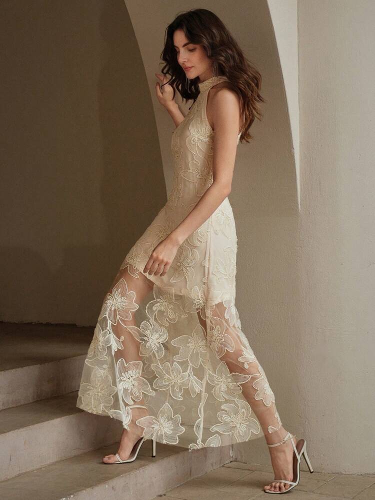 Women's Spring/Summer Sleeveless Halter Neck Dress With Exquisite 3D Floral Embroidery, Suitable For Evening Gowns And Other Formal Occasions