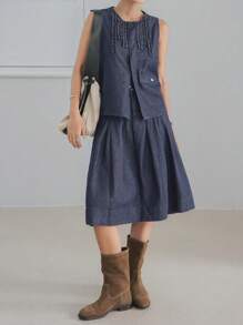 Dazy-Less Costum elegant de damă din denim, stil business, casual, cu imprimeu de birou, model cardigan, plisat, fustă A-line, cu buzunar, pentru naveta, costum elegant din 2 piese