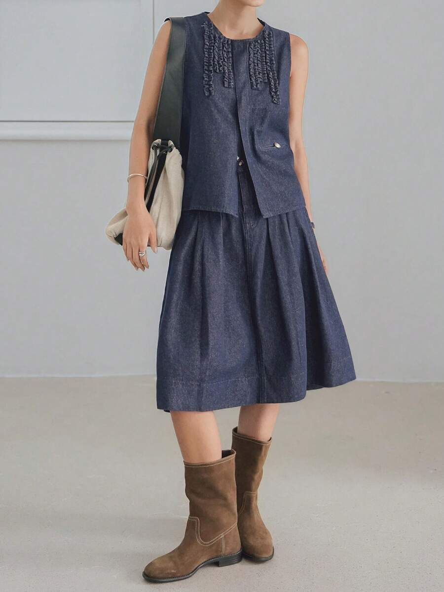 Dazy-Less Costum elegant de damă din denim, stil business, casual, cu imprimeu de birou, model cardigan, plisat, fustă A-line, cu buzunar, pentru naveta, costum elegant din 2 piese