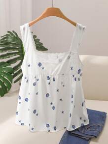 CosyJoli Camisa casual de mujer de talla grande con estampado de conchas y bordados