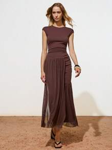 Lumivelle Women's Solid Color Round Neck Cap Sleeve Ruched Elegant Dress - Brown - View 3