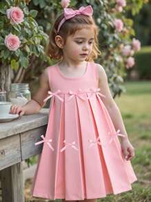 Genkimix Kids Serie esencial para niña joven, diseño plisado con lazo de unicolor, moda simple y versátil para uso casual diario