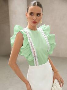 Aveloria Rosie Blusa de manga corta con volantes de estilo francés elegante y de moda, con parches de tela a rayas azules y blancas, y recortes de volantes blancos