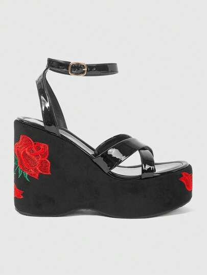 Goth Rose Embroidered Round Toe Platform Thick Sole Punk Rock Style PU Leather Black Wedge Sandals, Campus & Street Casual