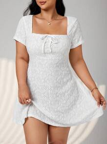 SHEIN ICON Plus Size Solid Square Neck Mini Y2K Style Casual Dress, White, Suitable For Summer Vacation, Graduation Season, Back To School Clothes - White - View 4