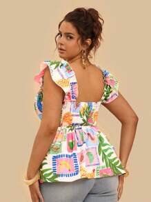 Travachic 大码女式热带植物印花系腰短袖衬衫