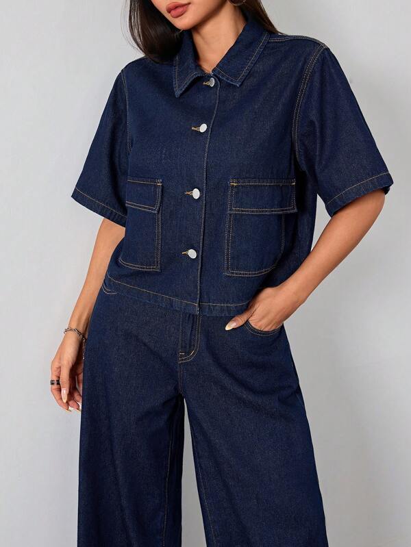 SHEIN PETITE Women's Dark Blue Denim Shirt Lapel Short-Sleeved Top Summer Denim Suit Office Wear Preppy Style Women S Summer Shirts