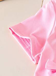 SHEIN 女童休闲短袖蝴蝶结装饰粉色 T 恤和米色百褶裙套装，儿童夏季学校风格服装 - 粉色 - 查看 4