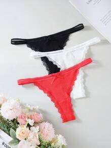 SHEIN Set de 3 piezas de tangas de encaje de mujer con lazo decorativo, de unicolor y sexy, en talla estándar