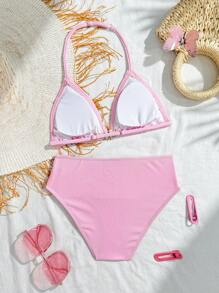 Tween Girls Shell Trim Halter Bikini Set, Suitable For Beach Vacation Summer Holiday - Pink - View 2