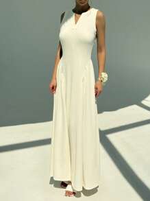 Aloruh Nuevo vestido elegante y a la moda de ajuste ceñido, en color liso, con cuello dividido de punto, sin mangas, con fruncidos