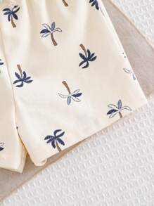 Cozy Pixies 2pcs Baby Boy Coconut Tree Pattern Knitted Soft Round Neck Short Sleeve Top And Elastic Waist Shorts Set