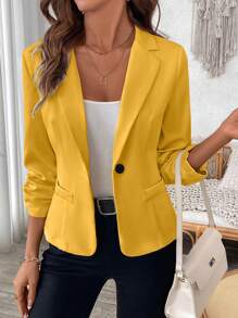 EMERY ROSE 女士休闲百搭纯色褶饰袖口西装外套 - 黃色 - 查看 3