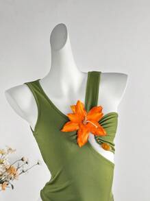 Femesol Green 3D Floral Decor Hollow V-Neck Vacation Knit Tank Top,Summer - Green - View 4
