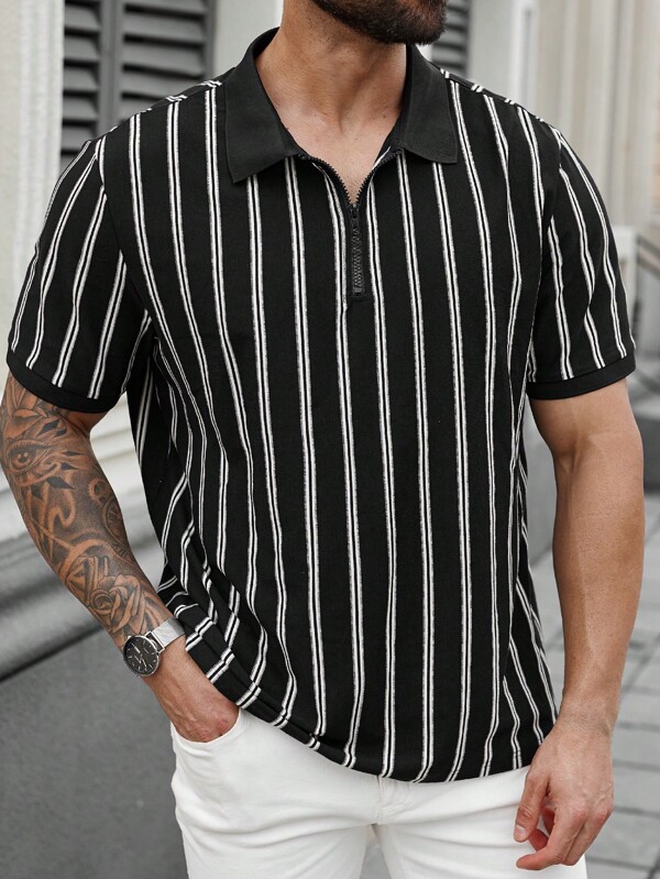 Manfinity Mode Chemise polo décontractée à manches courtes rayée pour hommes en grande taille, pratique pour le trajet