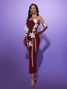 Glamrae 优雅奢华手工3D花卉长袖修身超长绷带正式晚礼服 - 酒紅色 - 查看 6