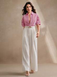 Anewsta New Perforated, Embroidered & Striped Short Sleeve Women Blouse, Summer