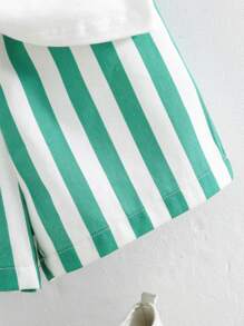 Cozy Pixies Conjunto de 2 piezas de top de manga corta con cuello redondo y pantalones cortos con cintura elástica a rayas para niño bebé, con estampado de oso de dibujos animados