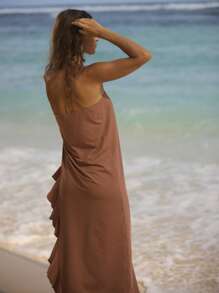 Aralina 荷叶边侧开衩修身丝滑质感优雅七月四日夏日假期长裙 - 玫紅色 - 查看 2