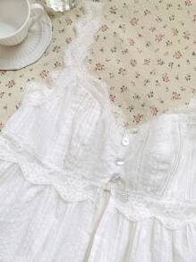 SHEIN EZwear 大码女式春夏蕾丝拼接单排扣休闲百搭日常上衣 - 白色 - 查看 5
