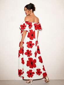 VALERIA GALIPOLI Floral Print Off Shoulder Puff Short Sleeves A Line Maxi Dress Summer Women Vacation Holiday - Multicolor - View 2