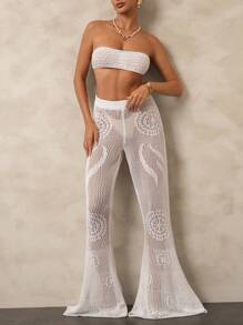 Swim Chiccia Conjunto de 2 piezas para verano: top corto calado de unicolor sin espalda y pantalones acampanados de talle alto tipo pareo para cubrir el traje de baño - Blanco - Ver 4