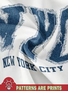 SHEIN EZwear Casual Minimalist Faux Embroidery NYC Slogan Print Round Neck Short Sleeve Fitted Women T-Shirt,Slightly Sheer Suitable For Summer